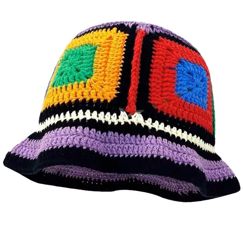 Colorful Handmade Granny Square Crochet Hat - Japanese Style Fisherman Bucket Hat for Women