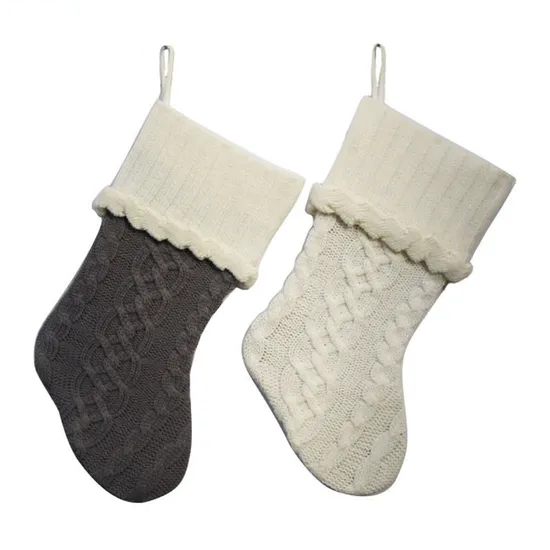 Personalized Grey and Cream Chunky Cable Knit Christmas Stocking - Customizable Holiday Embroidery Stocking