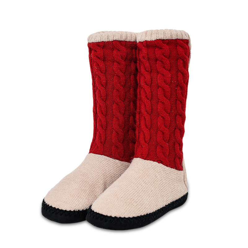 Cross-border women's boots, knitted cable-pattern flat sole slippers, non-slip, fleece-lined, maternity shoes, indoor home mid-calf socks