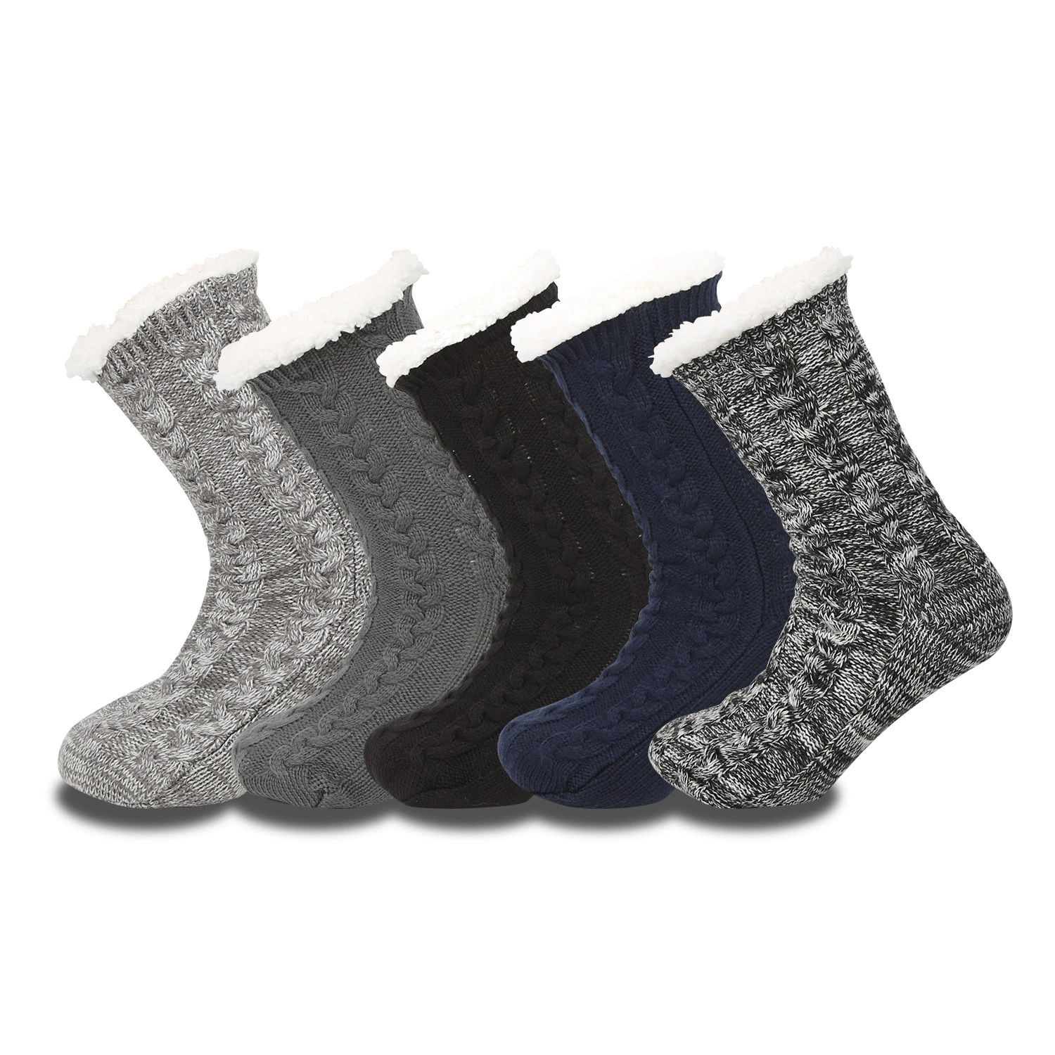 Men's floor socks, fleece-lined and warm, perfect for home or snowy days. Available in dark gray, heather gray, navy blue, black, and charcoal black—sweat-absorbing, casual, and cozy for winter