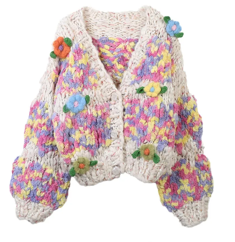 Custom colorful handmade floral cardigan, perfect for winter wear, elegant and stylish design