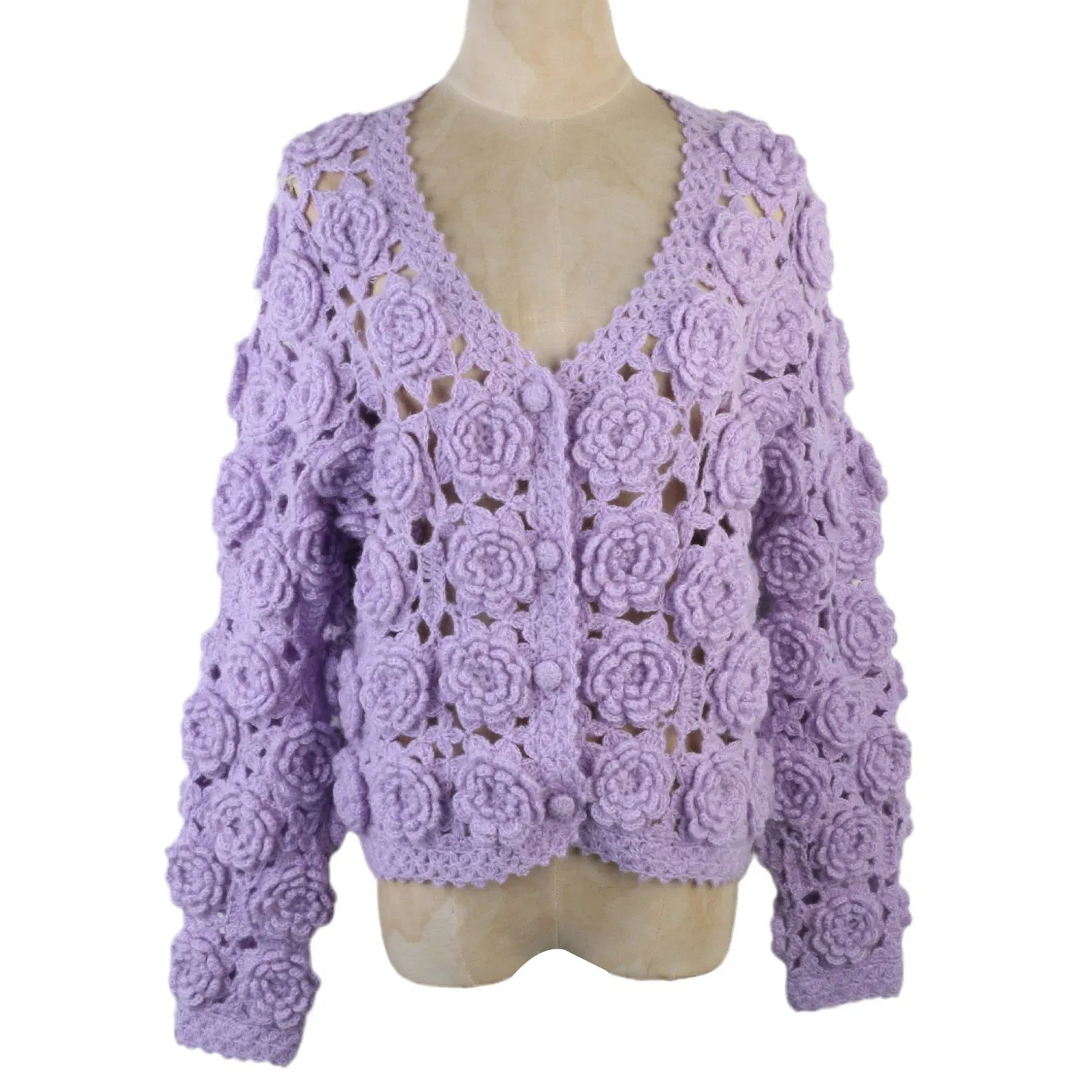 Elegant Purple Hand-Crocheted Women's Cardigan with 3D Flowers, Customizable Sizes & Colors, Perfect for Spring/Autumn